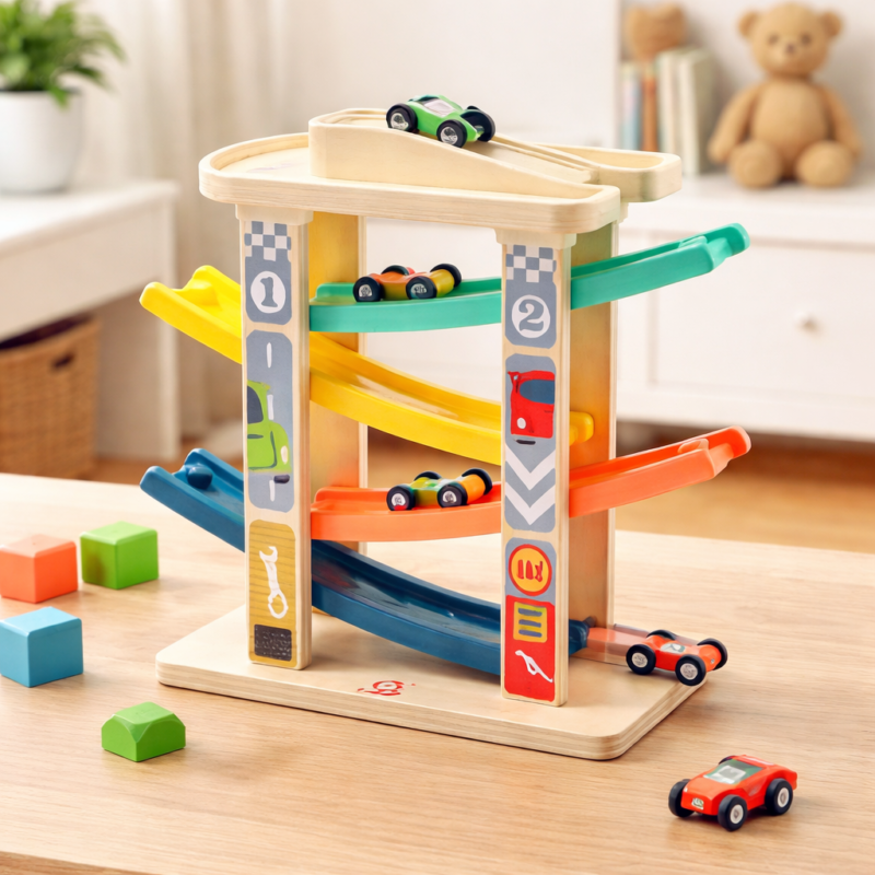 Rampe De Course En Bois Avec 4 Voitures – Jouet Éducatif Et Sécurisé Pour Garçons Et Filles – Cadeau Anniversaire Idéal Dès 18 Mois
