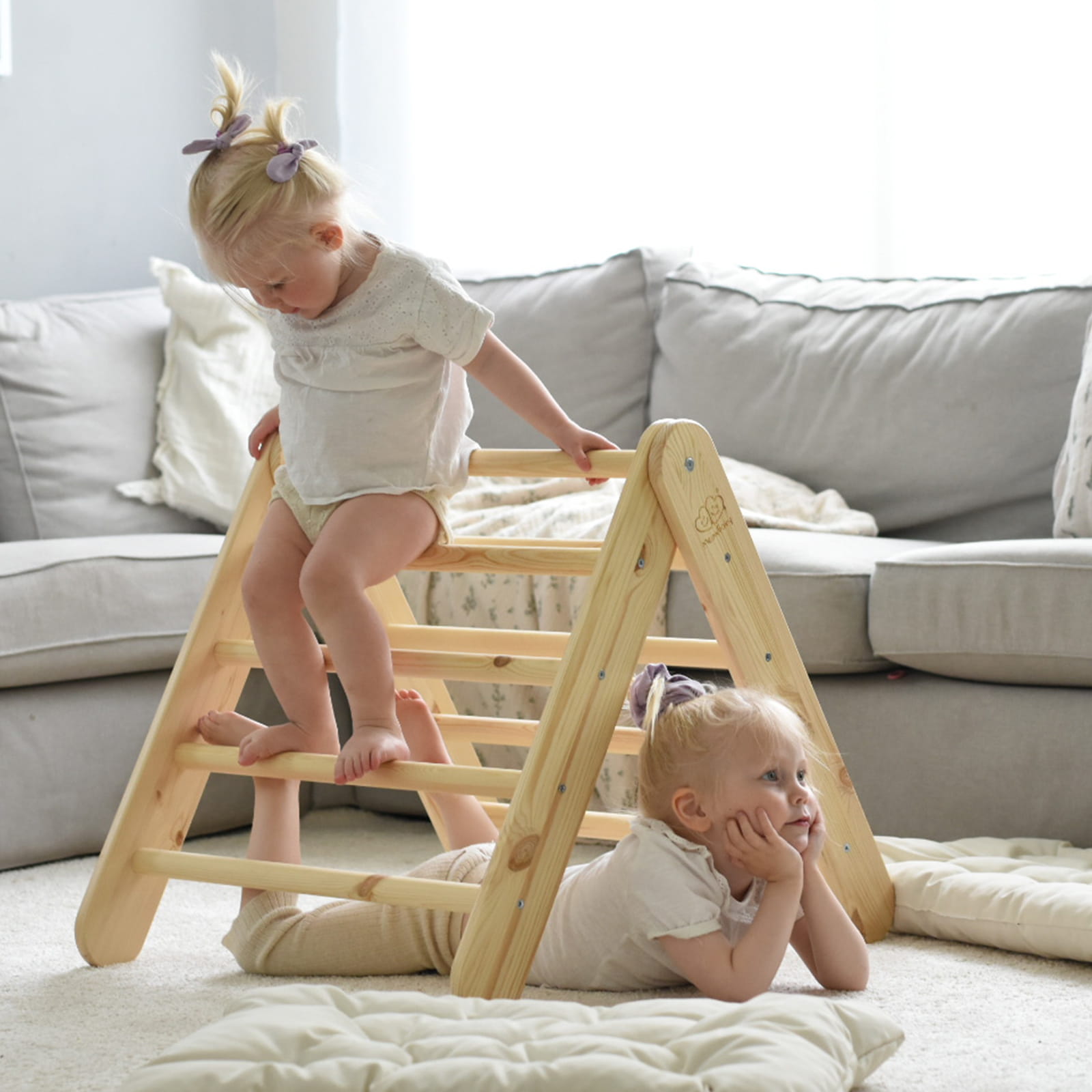 ladder with a slide climbing wall natural wood