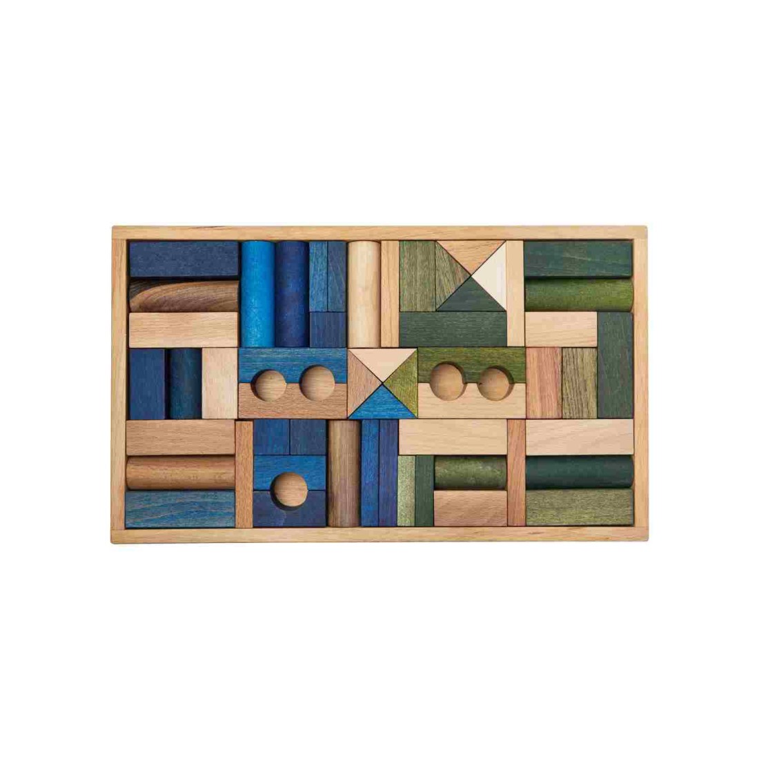 wooden blocks in a box – cold colors, 54 pieces