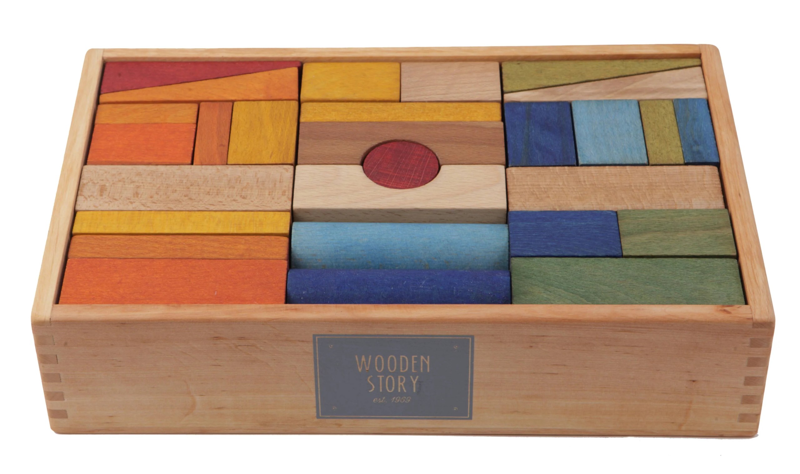wooden blocks in a box – colorful, 63 pieces