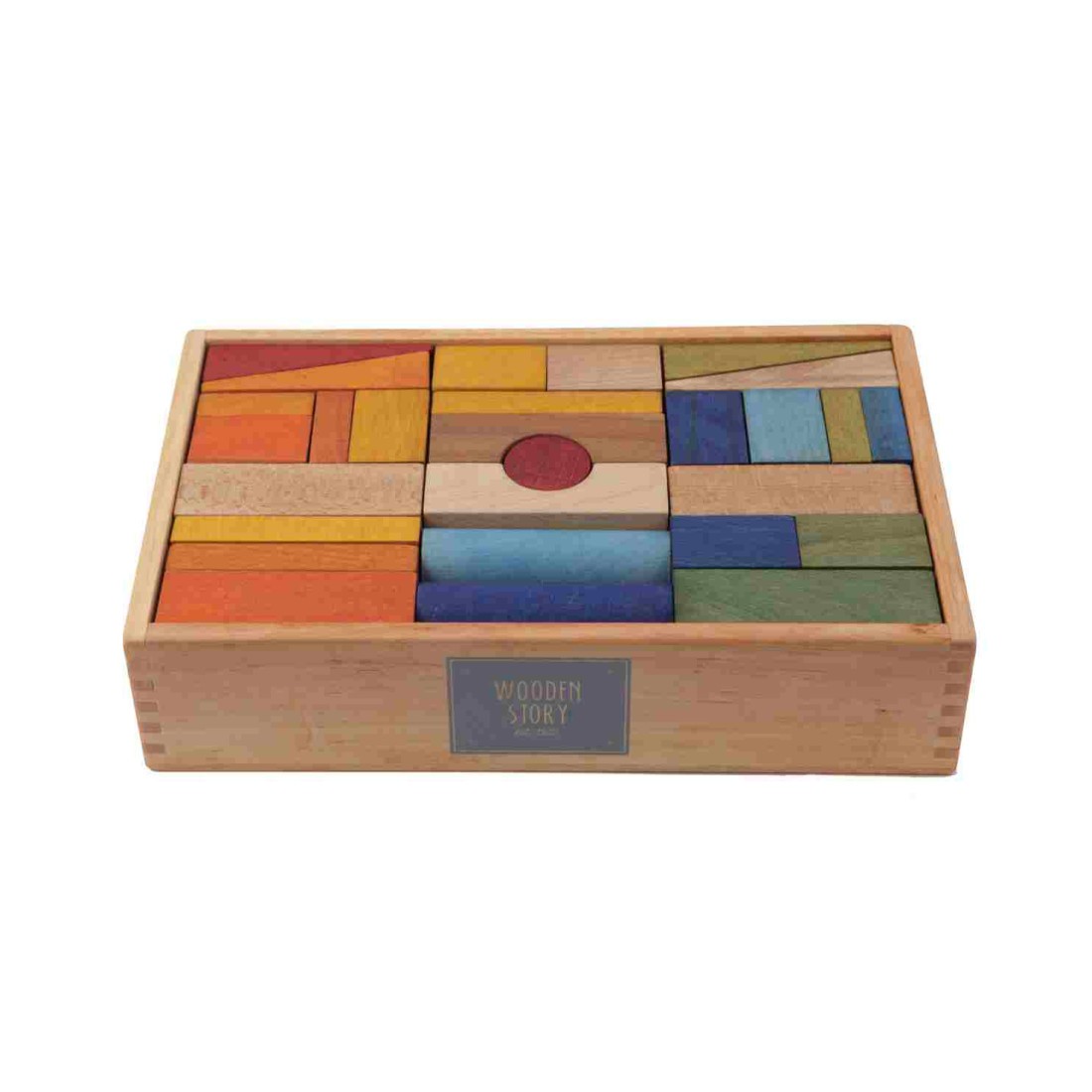 wooden blocks in a box – colorful, 63 pieces