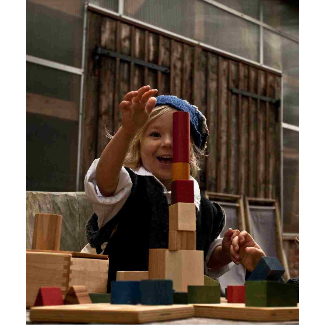 wooden blocks in a box – cold colors, 54 pieces