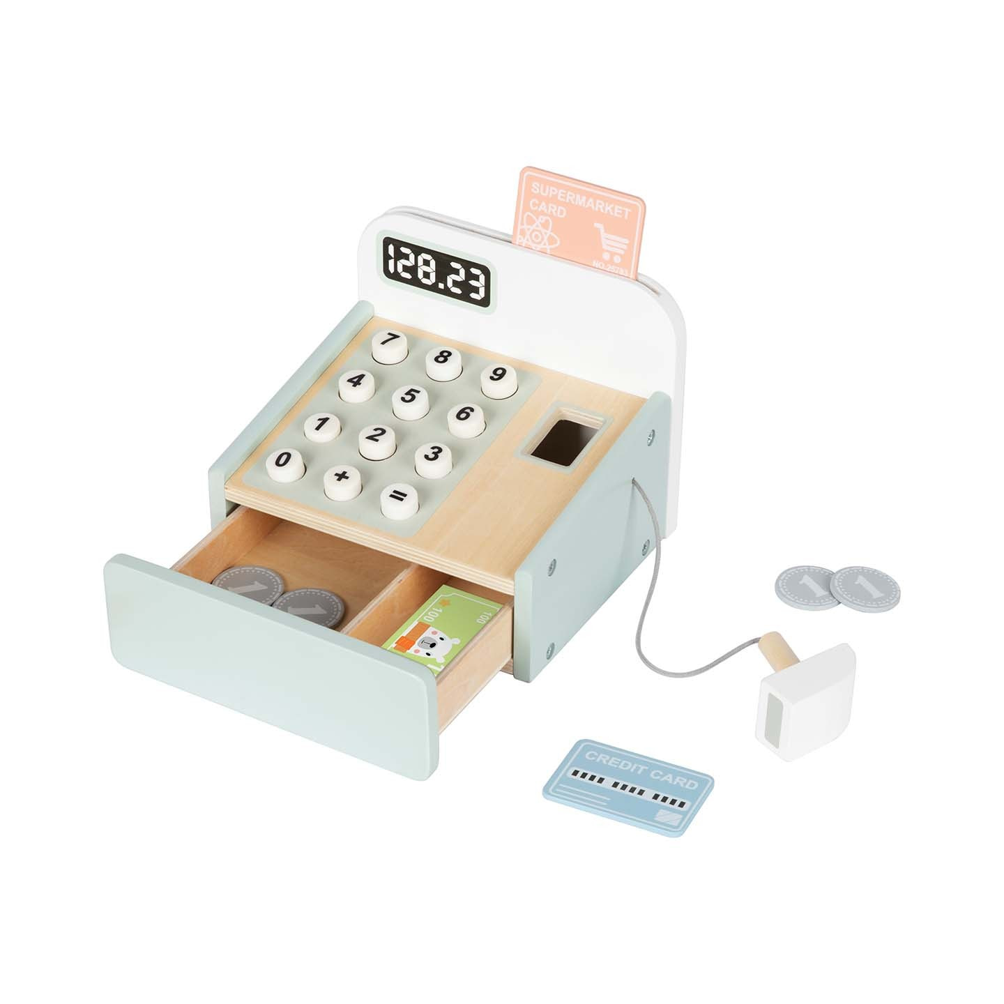 busykids wooden toy cash register with scanner