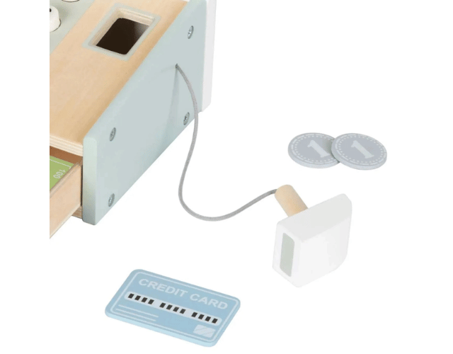 busykids wooden toy cash register with scanner