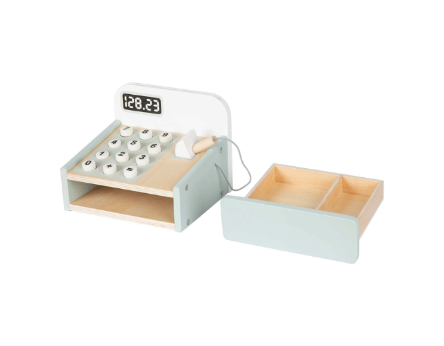 busykids wooden toy cash register with scanner