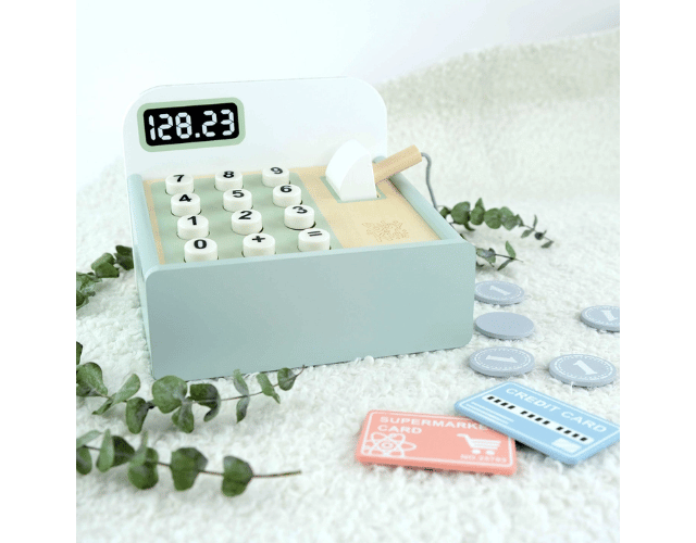 busykids wooden toy cash register with scanner
